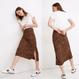 Madewell Brown Brushed Leopard Warm Hickory Drawstring Midi Slip Skirt Size 4